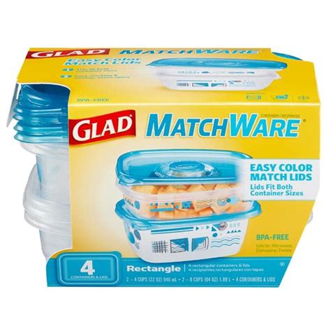 Glad Glad Ware Match Ware Food Storage Containers, 4 Rectangular Containers and Lids Boa Free ...