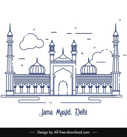 Mosque islam jama masjid delhi architecture background flat symmetric classic outline vectors ...