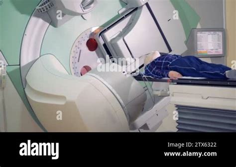 Medical technology concept. Radiotherapy procedure performed on a man ...