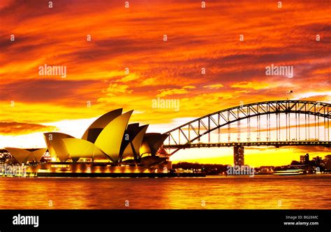 Sydney Opera House and the Sydney Harbour Bridge at sunset. Australia, New South Wales, Sydney ...