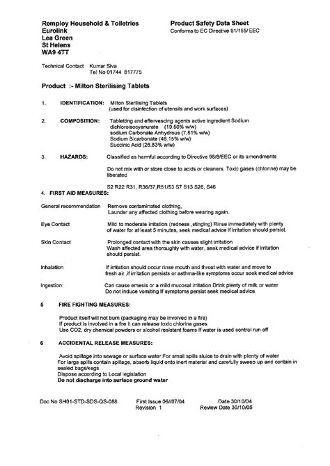 Milton Sterilising Tablets MSDS Download