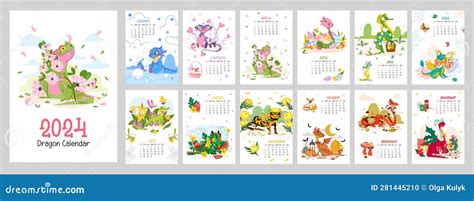 Cute Dragon Calendar for 2024, the Symbol of the Year. Monthly Calendar with Vector ...