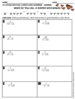 Dividing Binomial Radical Expressions Worksheet - Harry Carrol's English Worksheets