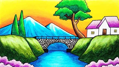 How to Draw Easy Scenery of Mountain, Bridge and River Step by Step | Simple Nature Sce ...