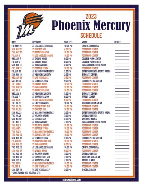 Printable2023 Phoenix Mercury Basketball Schedule