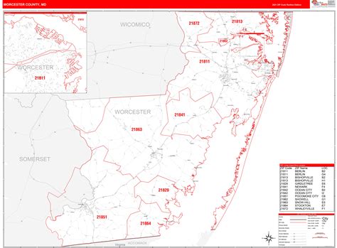 Worcester County, MD Zip Code Wall Map Red Line Style by MarketMAPS ...