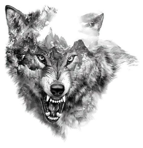 Great black and gray snarling wolf with mountains inside. Style: Black ...