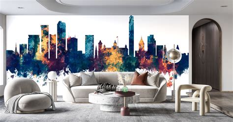 Birmingham England Skyline Blue & Bronze wallpaper mural 100% PVC-free and non-toxic