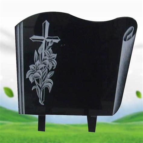 Shanxi black granite memorial plaque with sandblast flowers and cross