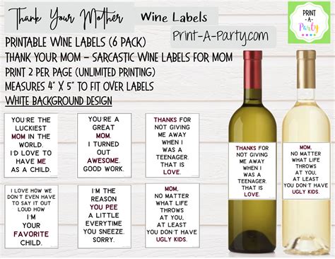 WINE LABELS: Moms | Thank Your Mother with Wine Sarcastic Funny (6) - INSTANT DOWNLOAD - Use ...
