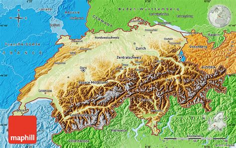 Physical Map of Switzerland, political shades outside