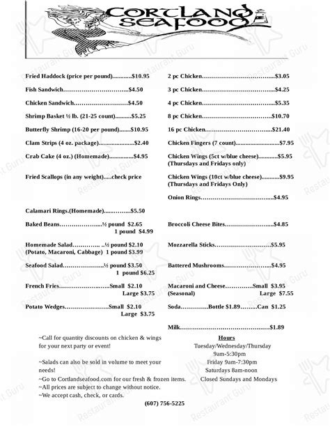 Menu at Cortland Seafood restaurant, Cortland