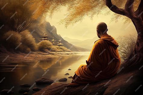 Premium Photo | Generative ai illustration of buddhist monk in meditation beside the river with ...