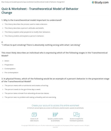 Quiz & Worksheet - Transtheoretical Model of Behavior Change | Study.com