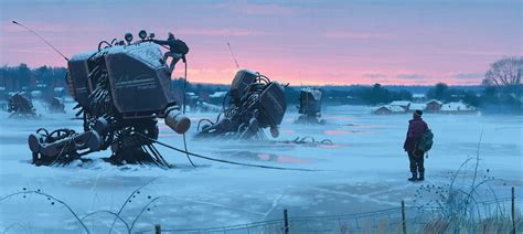 science fiction, futuristic, Simon Stålenhag, 1080P, men, snow, digital painting, robot HD Wallpaper