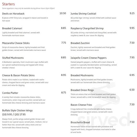 Beefeaters Restaurant menu in Bradford, Pennsylvania, USA