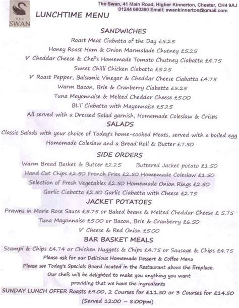 Chester Tourist - The Swan Inn Tarporley Menu