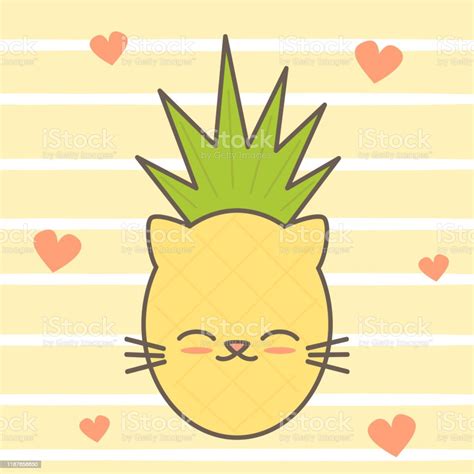 Cute Cartoon Vector Hand Drawn Cat Pineapple Card Stock Illustration - Download Image Now ...