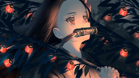 Demon Slayer Black Long Hair Nezuko Kamado With Red Eyes And Red Lights ...