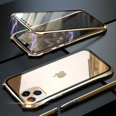 Case for iPhone 11 Magnetic Metal Bumper Back & Front Glass Case Cover ...