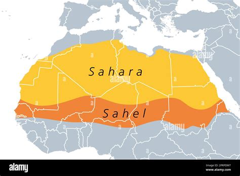 The Sahara and the Sahel, political map. Largest hot desert in the world making up most of North ...