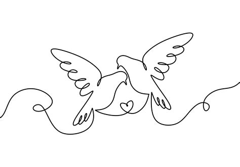 Couple of birds in love. One continuous line drawing, two flying dove ...