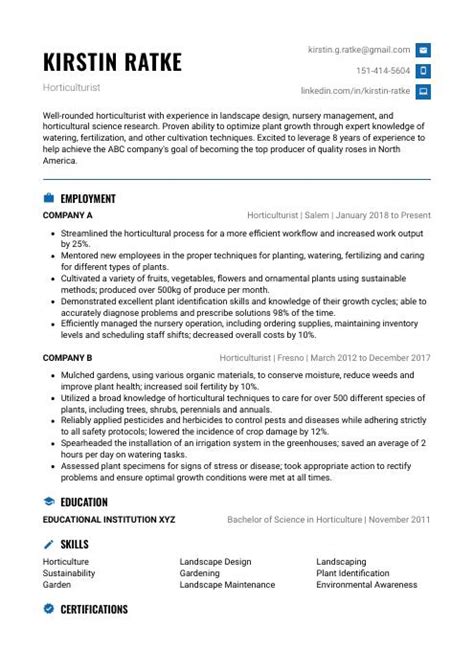 Horticulturist Resume (CV) Example and Writing Guide