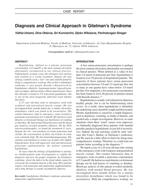 (PDF) Diagnosis and clinical approach in Gitelman's syndrome