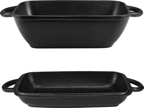 2 In 1 Enameled Cast Iron Pan Stoneware Covered Rectangular Casserole Heavy Duty 3.9 Quart ...