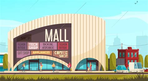 Shopping mall outside composition mall building with tags and headlines ...