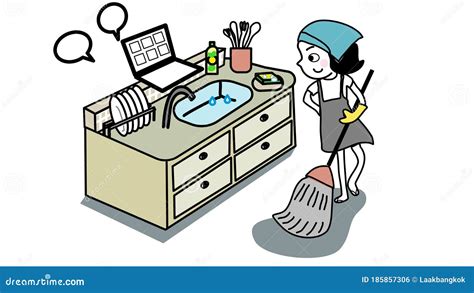 Woman Work from Home during Cleaning Kitchen Cartoon Vector Stock Vector - Illustration of ...