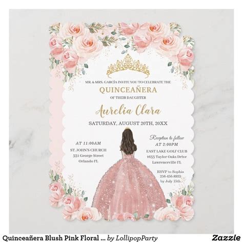 Quinceañera Blush Pink Floral Rose Gold Princess Invitation | Zazzle ...