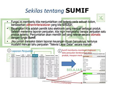 Belajar MS Excel - Rumus Sumif (penjumlahan pintar, memilih data berdasarkan kriteria) | PPT