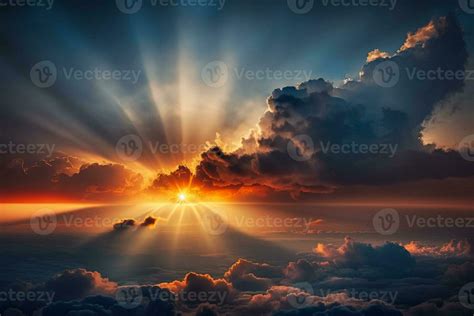 Sunrise dramatic blue sky with orange sun rays breaking through the clouds. Nature background AI ...