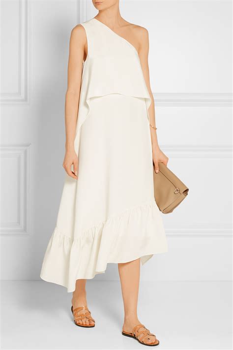 Tibi One-shoulder Silk Crepe De Chine Midi Dress in Black | Lyst