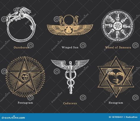 Drawn Sketches Of Mystical Symbols. Set Of Vector Illustrations ...