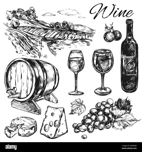 Black isolated wine vineyard icon set with bottle cheese wine barrels field vector illustration ...