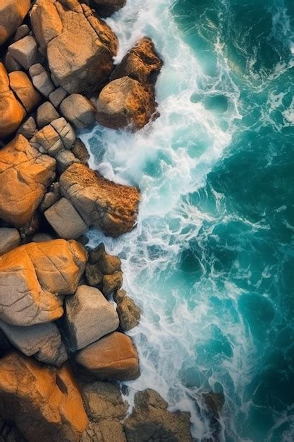 Premium AI Image | Aerial view of a rocky beach with a body of water generative ai