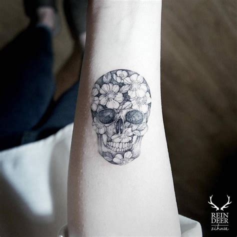 Little Tattoos — Flower skull tattoo on the right inner arm. Tattoo... | Floral skull tattoos ...