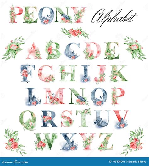 Watercolor Alphabet with Peonies Flowers and Leves. Romantic Floral ...