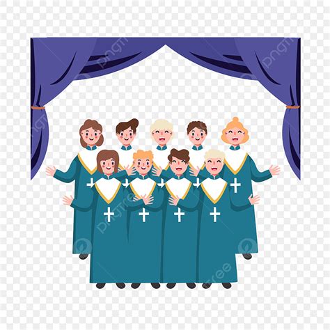 Church Choir Vector Design Images, Cartoon Hand Drawn Church Choir Blue Illustration, Curtain ...