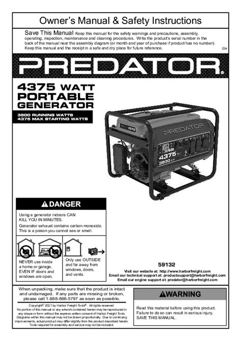 Harbor Freight Generator Manual: 4375 Watt Gas Powered Portable Generator with CO SECURE ...