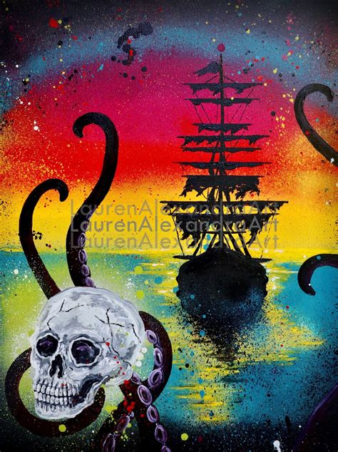 Pirate Sunset Pirate Ship Painting Ocean Sunset Art Skull - Etsy