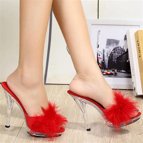 Women Fur Slippers Slides Women Summer Shoes Mules Transparent Clear High Heels Fashion Platform ...