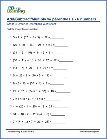 4th Grade Order of Operations Worksheets | K5 Learning