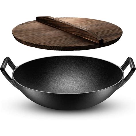 Klee Pre-Seasoned Cast Iron Wok with 2 Handles and Wooden Wok Lid, 14-inch | Shopee Malaysia