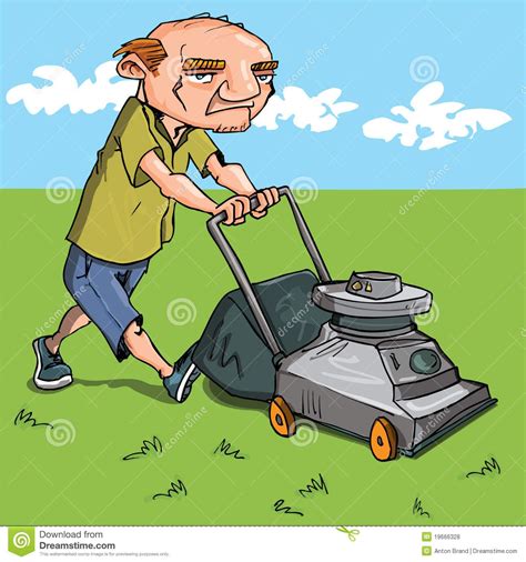 Cartoon man mowing his lawn. Grass and blue sky behind #Sponsored , #advertisement, #SPONSORED ...