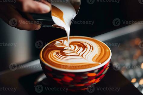 up shot of a barrister's hands expertly pouring latte art onto the surface of a minimalist ...