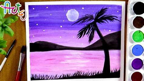 Easy Watercolor LANDSCAPE painting (night) for beginners - YouTube