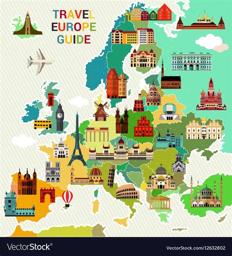 Europe Map with Famous Sightseeing. Travel Guide. Vector illustration ...